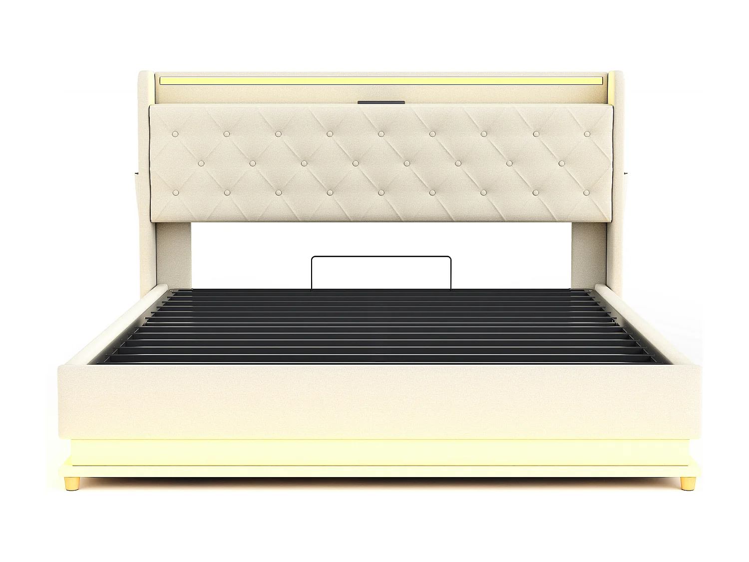 Opbergbed met hoofdeinde 160 x 200 cm - USB-poort + LED's - Linnenstof - inclusief lattenbodem - Beige