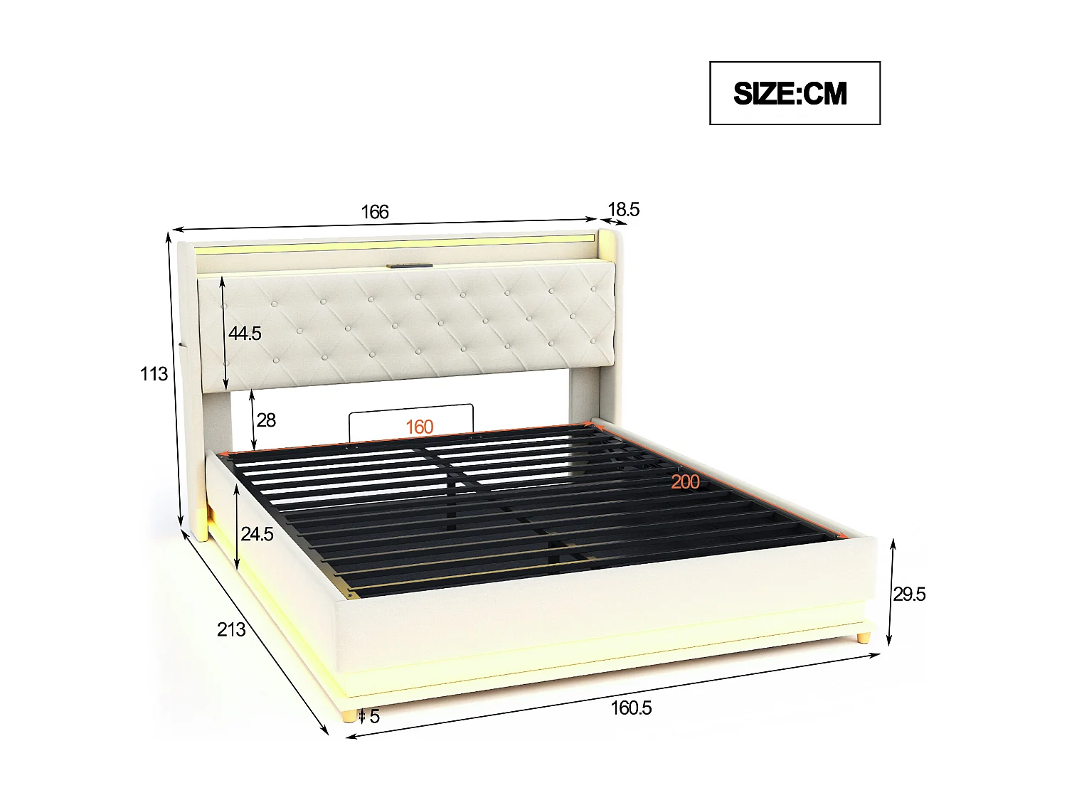 Opbergbed met hoofdeinde 160 x 200 cm - USB-poort + LED's - Linnenstof - inclusief lattenbodem - Beige
