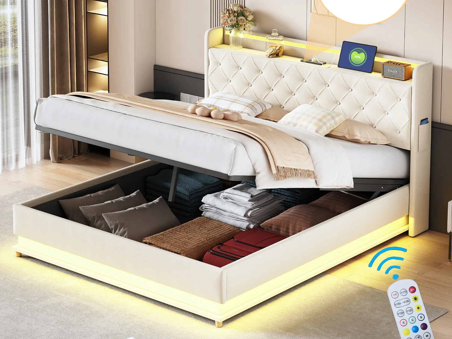 Cama arrumação com cabeceira 160 x 200 cm - Porta USB + LEDs - Tecido de linho - base de ripas incluída - Bege