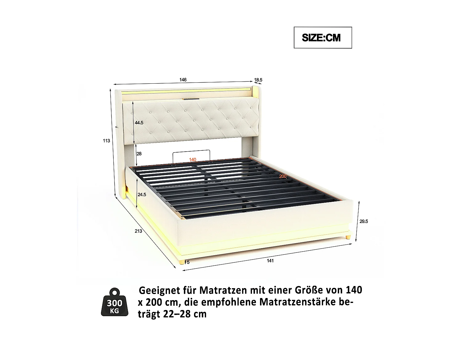 Bett mit Stauraum und Kopfteil 140 x 200 cm – USB-Anschluss + LEDs – Leinenstoff – inklusive Lattenrost – Beige