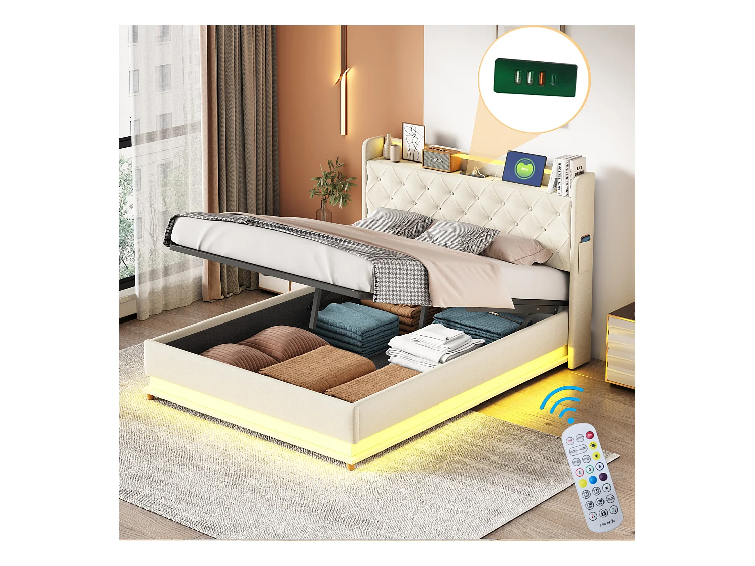 Lit coffre avec tête de lit 140 x 200 cm - Port USB + LEDs - Tissu lin - sommier à lattes inclus - Beige