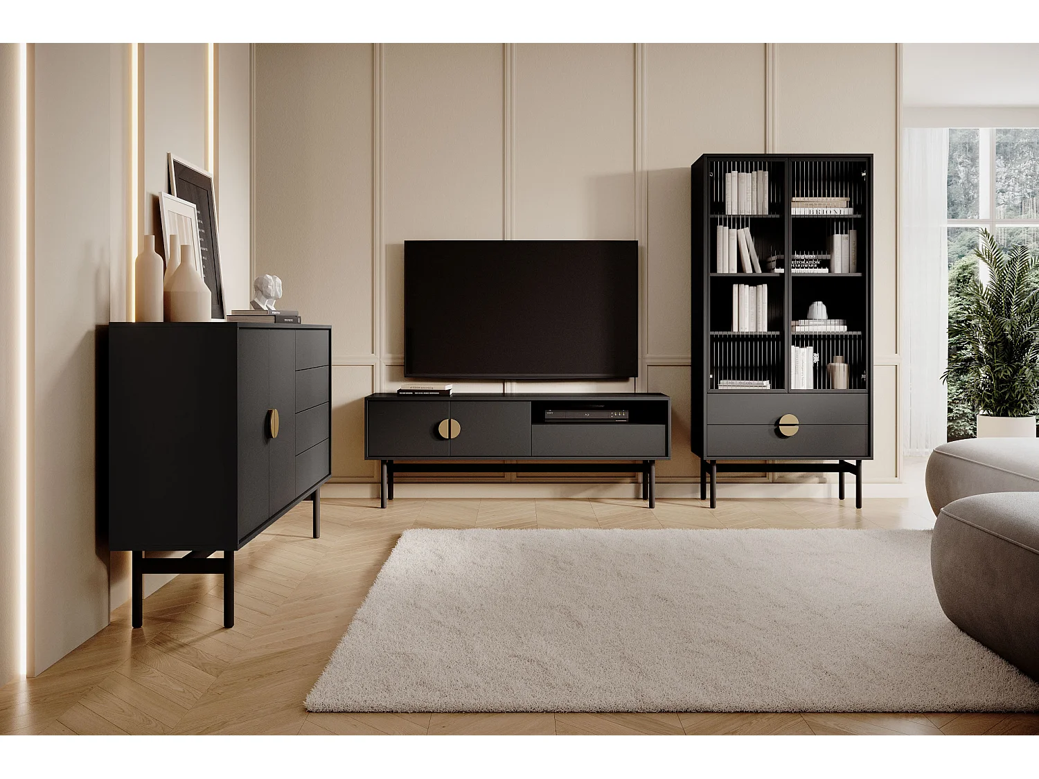 Buffet à deux portes - 154 cm - avec tiroirs - noir - STOON