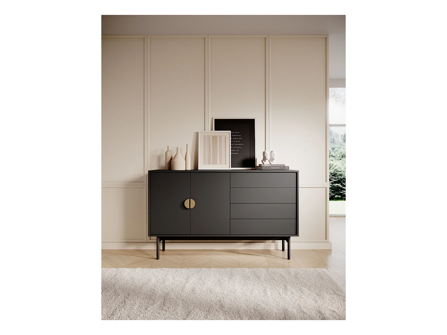 Buffet à deux portes - 154 cm - avec tiroirs - noir - STOON