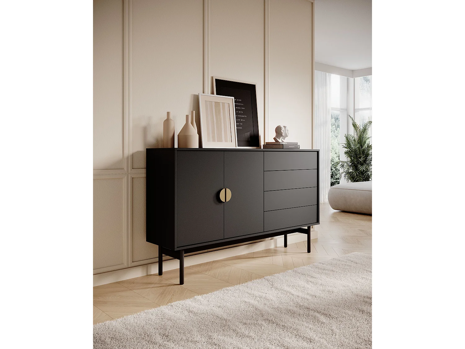 Sideboard 2-türig mit 4 Schubladen - Schwarz mit Metallgestell - 154 cm - STOON