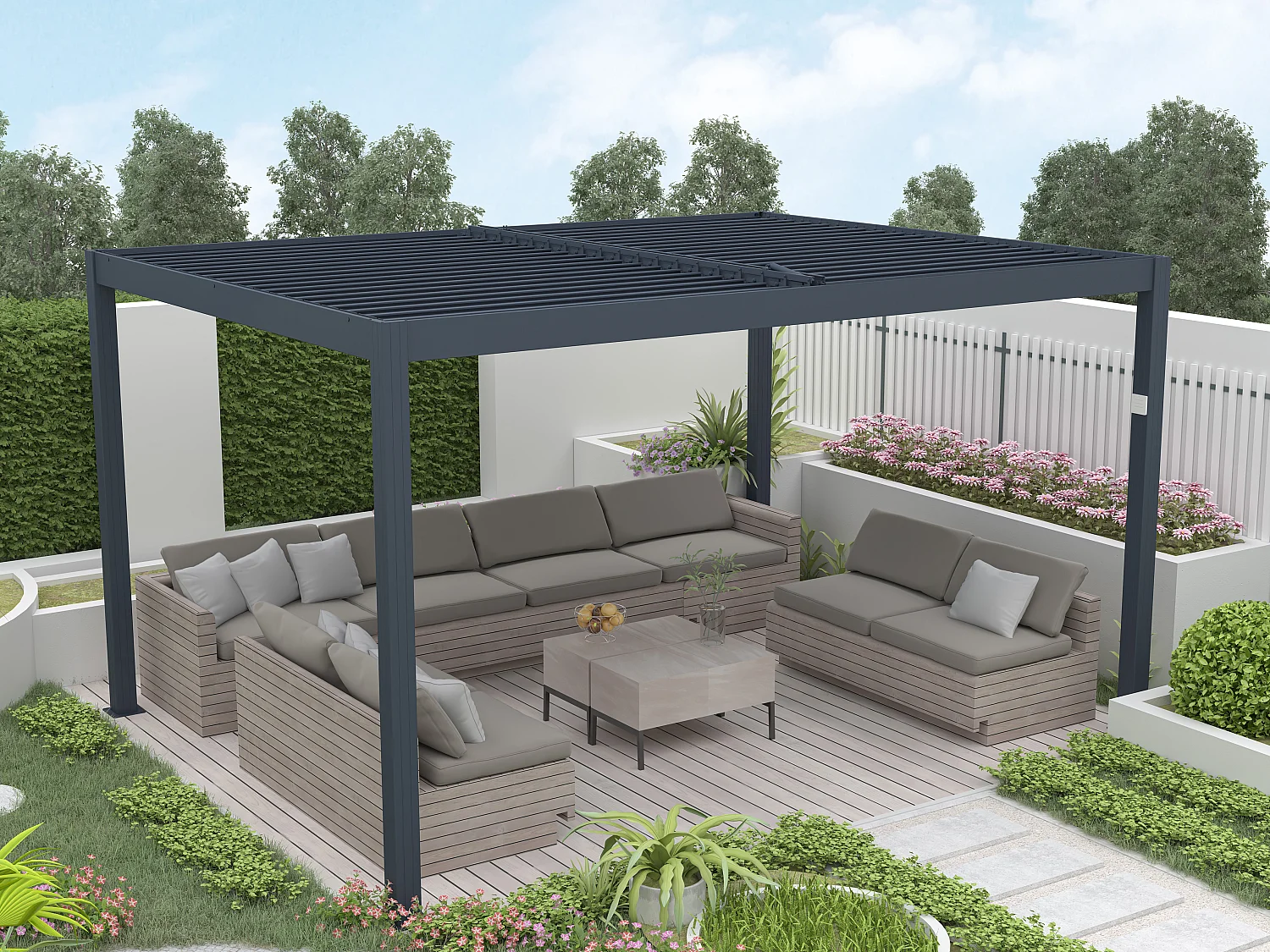 Pérgola bioclimática autoportante eléctrico de aluminio con hojas orientables 12 m² antracita - AMADORA