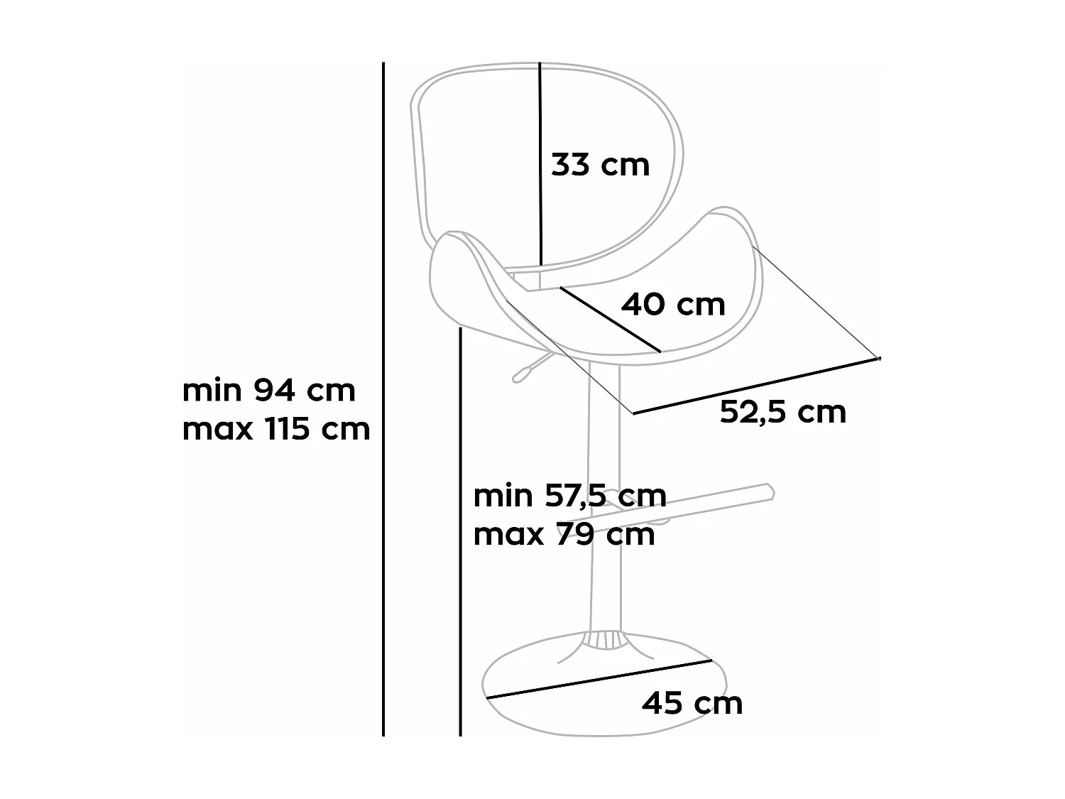 Glasgow - Conjunto de 2 bancos de bar estofados 52,5x94/115x40 cm em madeira maciça e imitação de couro castanho