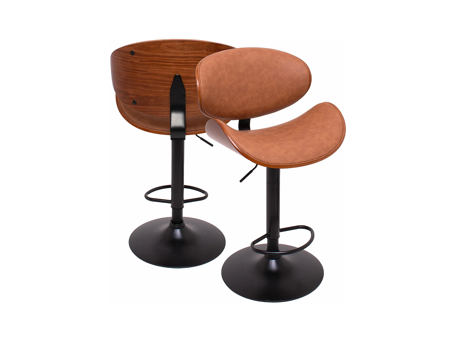 Glasgow - Juego de 2 taburetes de bar tapizados 52,5x94/115x40 cm en madera maciza y polipiel marrón