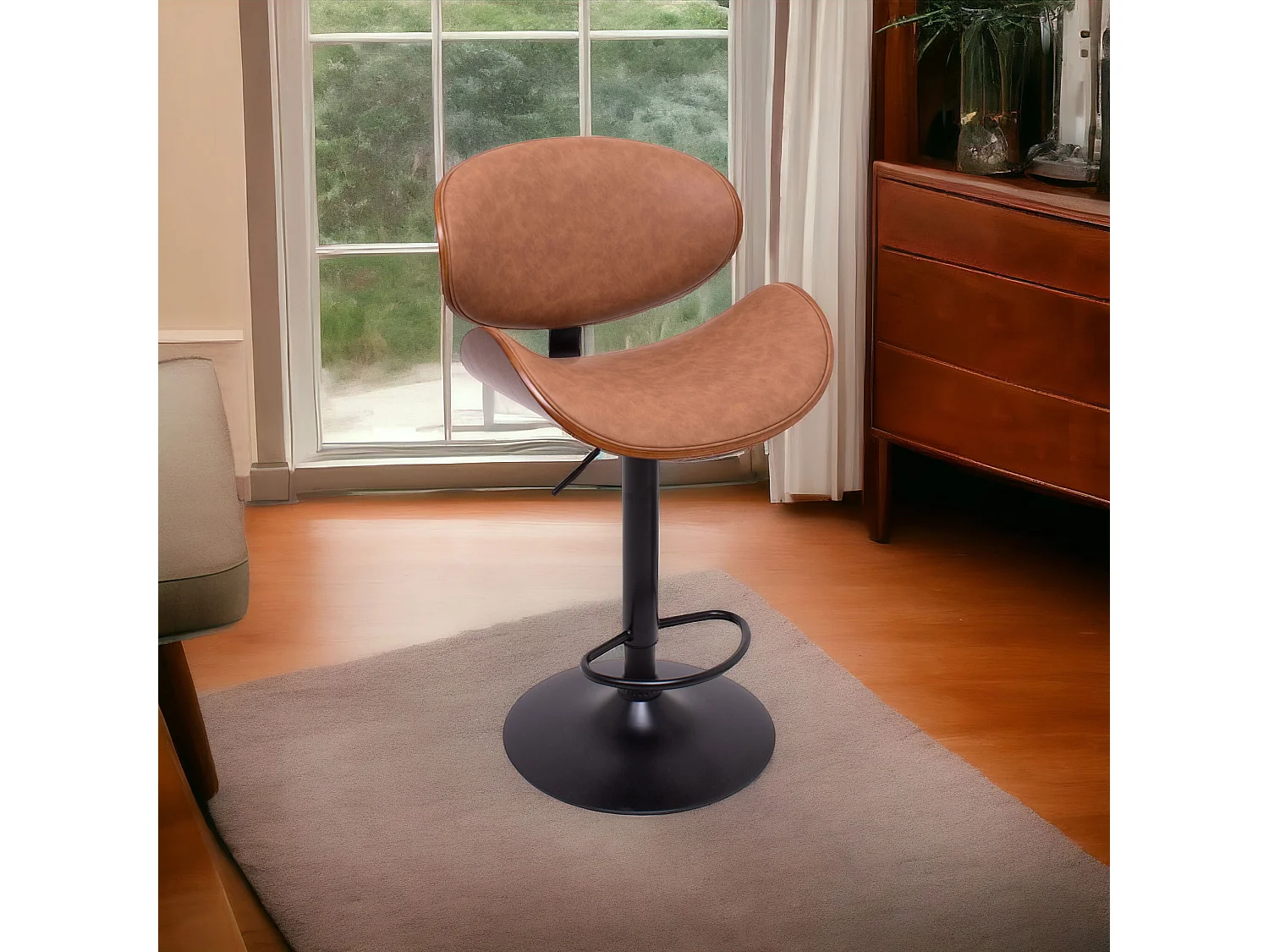 Glasgow - Juego de 2 taburetes de bar tapizados 52,5x94/115x40 cm en madera maciza y polipiel marrón