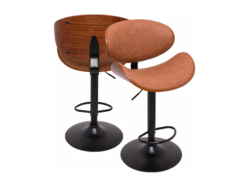 Glasgow - Conjunto de 2 bancos de bar estofados 52,5x94/115x40 cm em madeira maciça e imitação de couro castanho