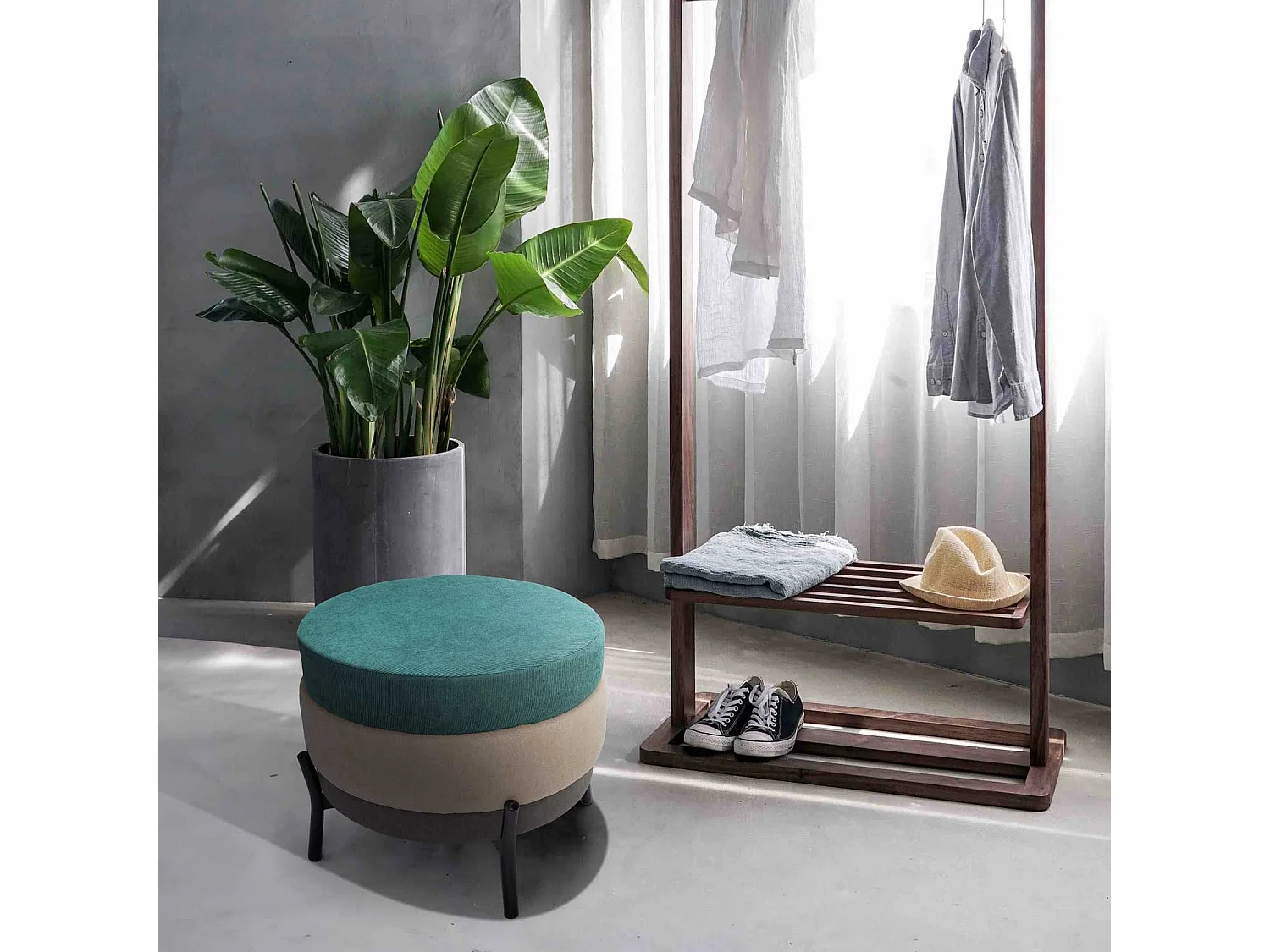 HAMBURG - Pouf rond 3 places PU/velours/tissu beige