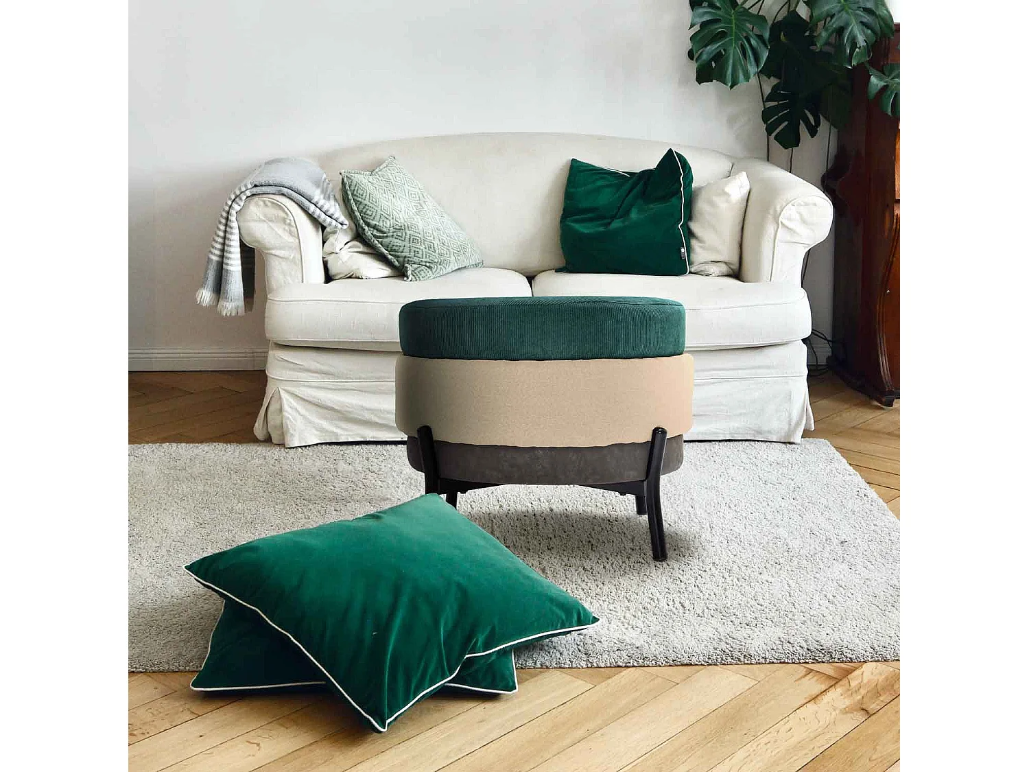 HAMBURG - Pouf rond 3 places PU/velours/tissu beige