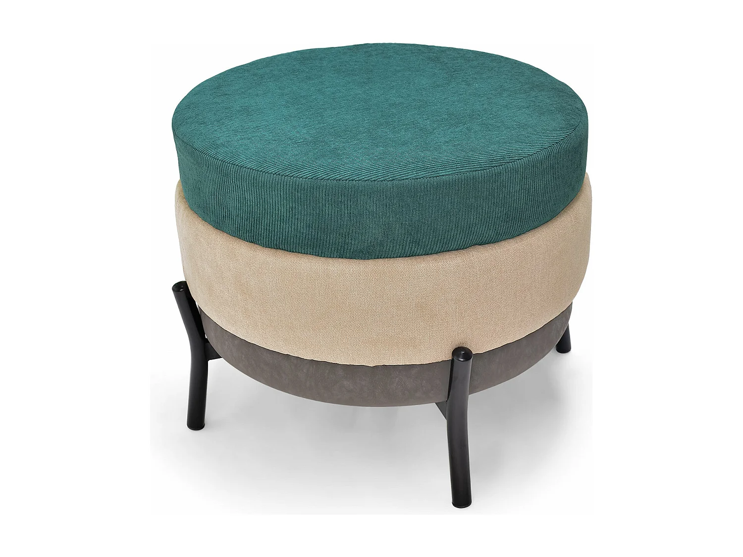 Hamburg - Pouf Sgabello Ottomano Rotondo 3 Stati Pu/Velluto/Lino, colore verde e beige