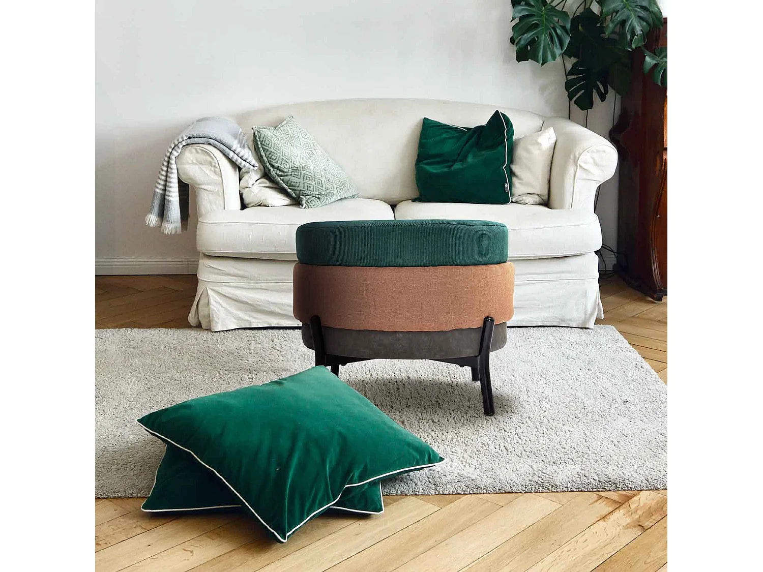 HAMBURG - Pouf rond 3 places en PU/velours/tissu rose