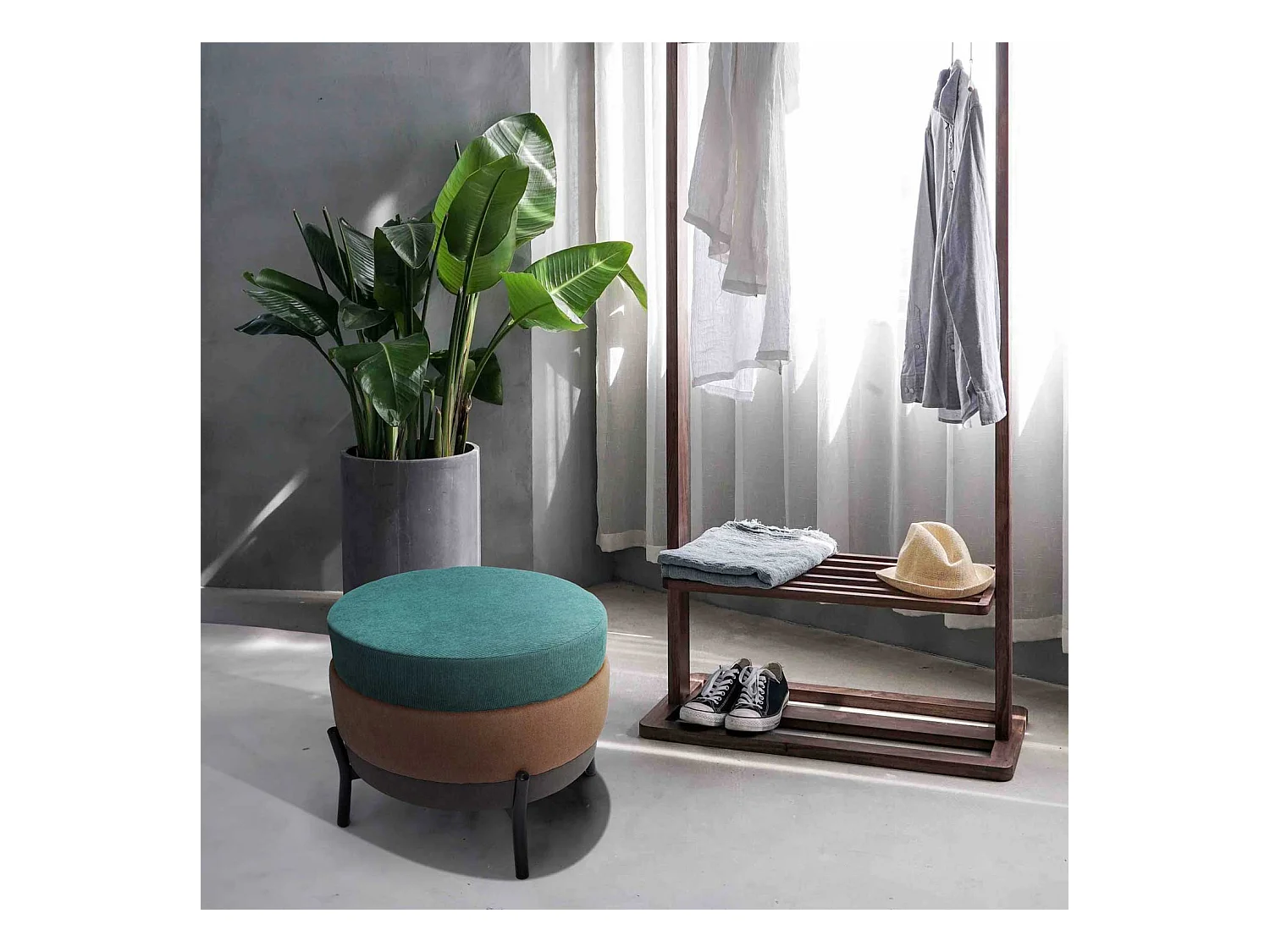 HAMBURG - Puf redondo de 3 plazas en PU/velvet/tela rosa