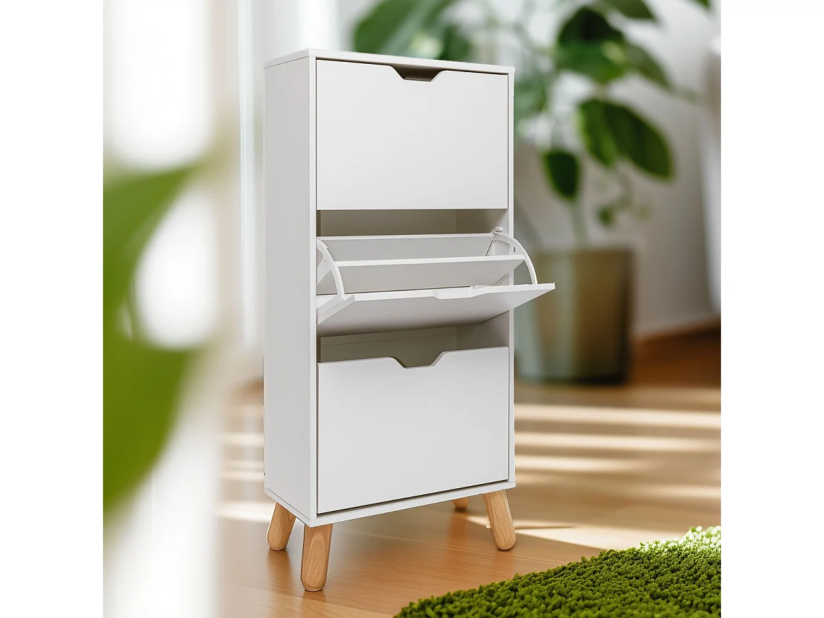 Plana - Scarpiera Salvaspazio 3 Ante 55x116x25 cm 18 Paia in Legno Bianco