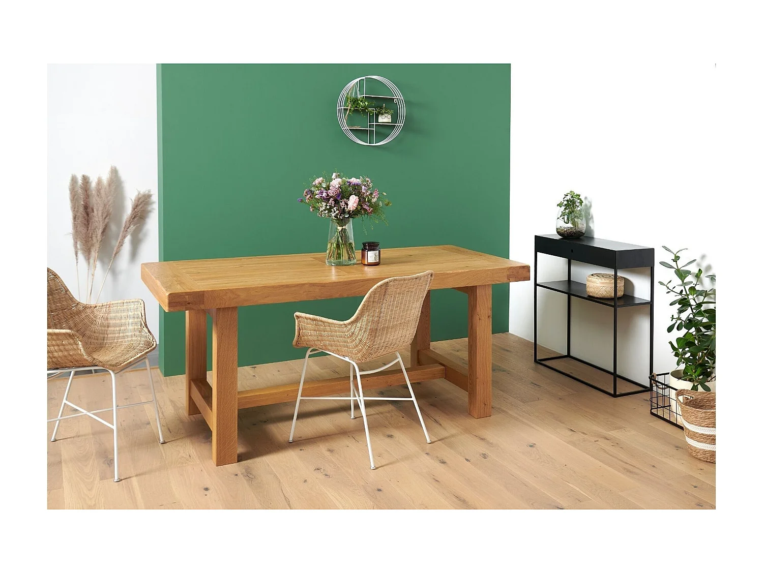 Table de ferme en  chêne moyen massif + 2 allonges L180/280 - LA BRESSE