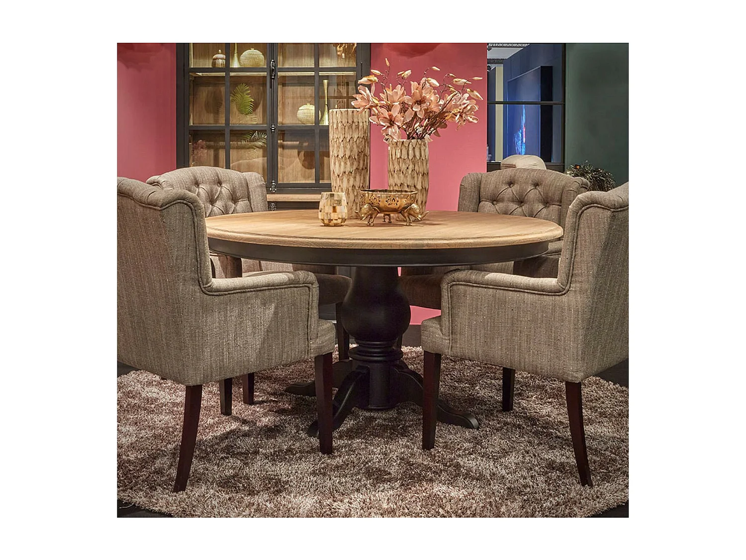 Table ronde en teck naturel et piétement noir patiné D130 - DALILA