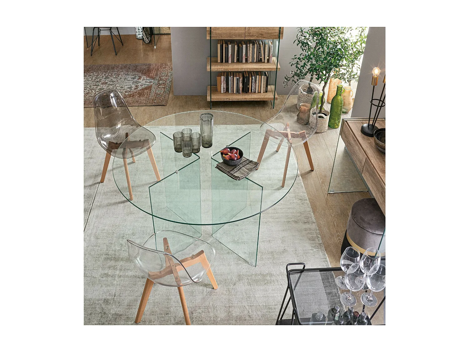 Table de salle à manger design ronde en verre transparent 6 places D130 - IDORA