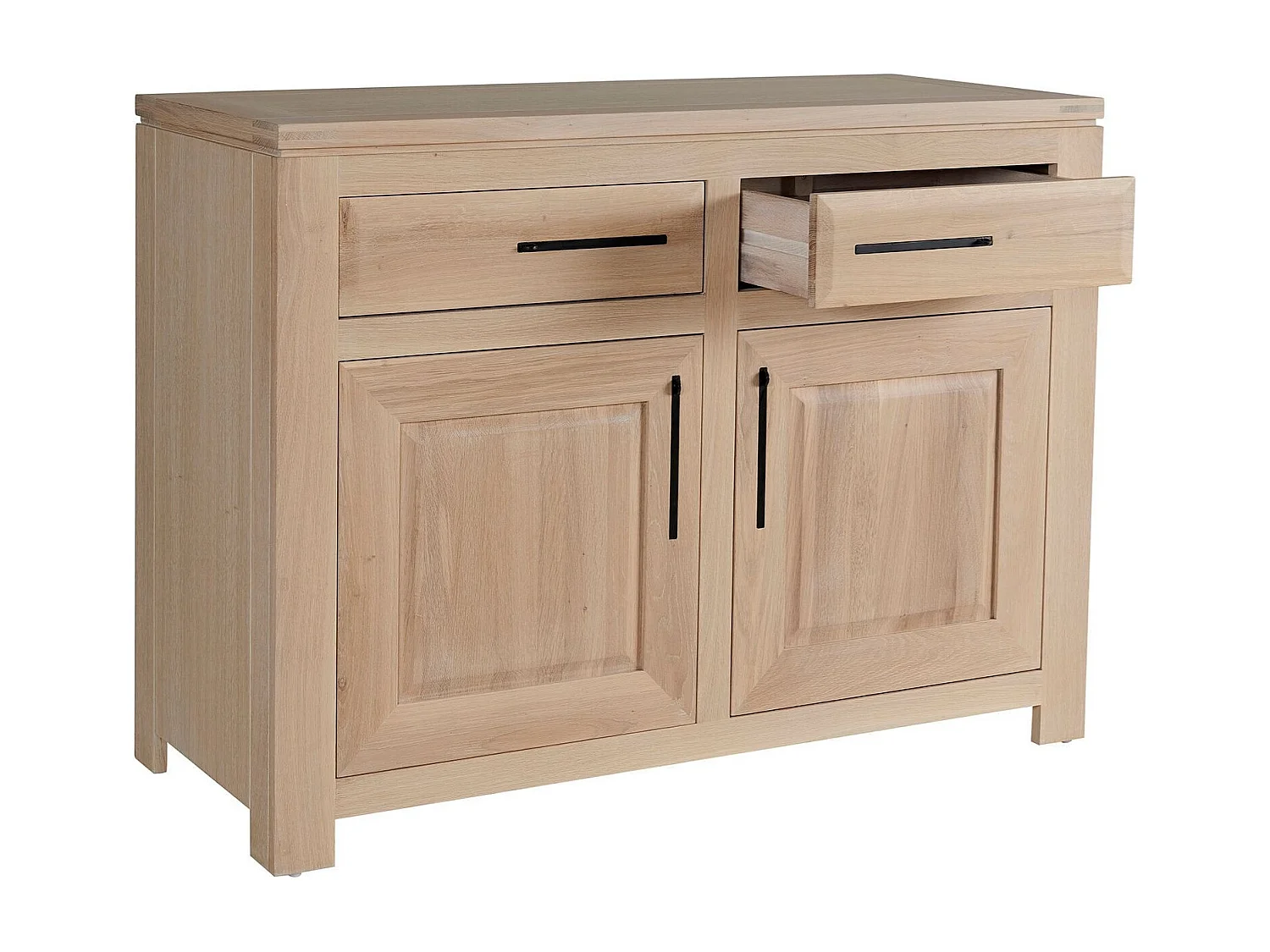 Buffet bas parisien moderne en chêne blanchi 2 portes 2 tiroirs - BOSTON