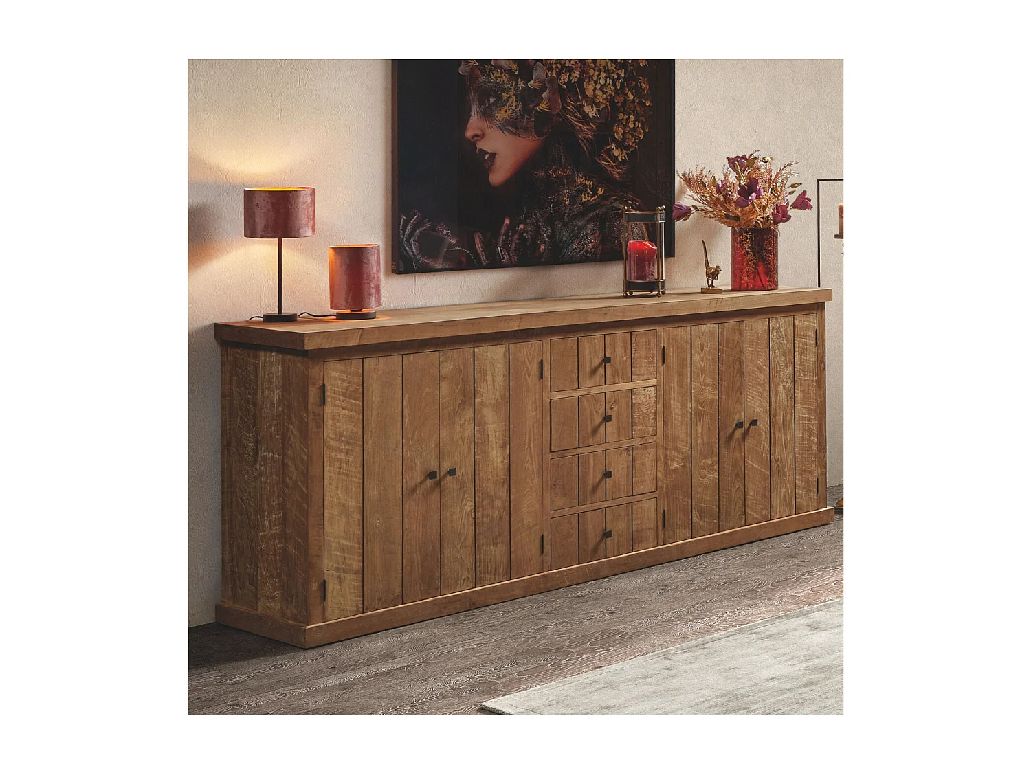 Buffet bas en bois massif recyclé 4 portes 4 tiroirs L 220 cm - LINAS
