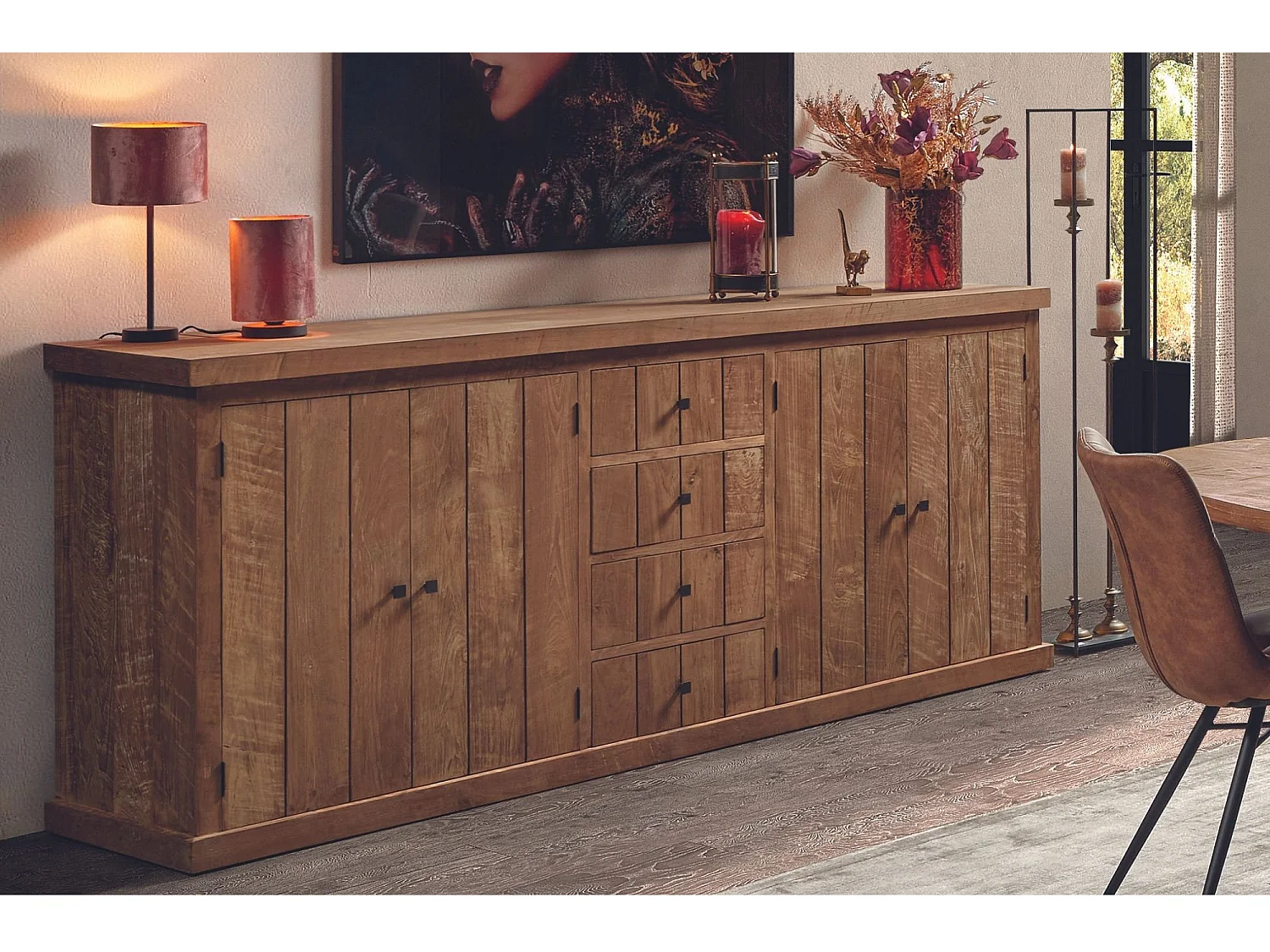 Buffet bas en bois massif recyclé 4 portes 4 tiroirs L 220 cm - LINAS