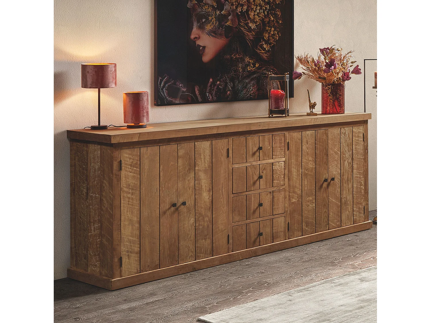 Buffet bas en bois massif recyclé 4 portes 4 tiroirs L 220 cm - LINAS