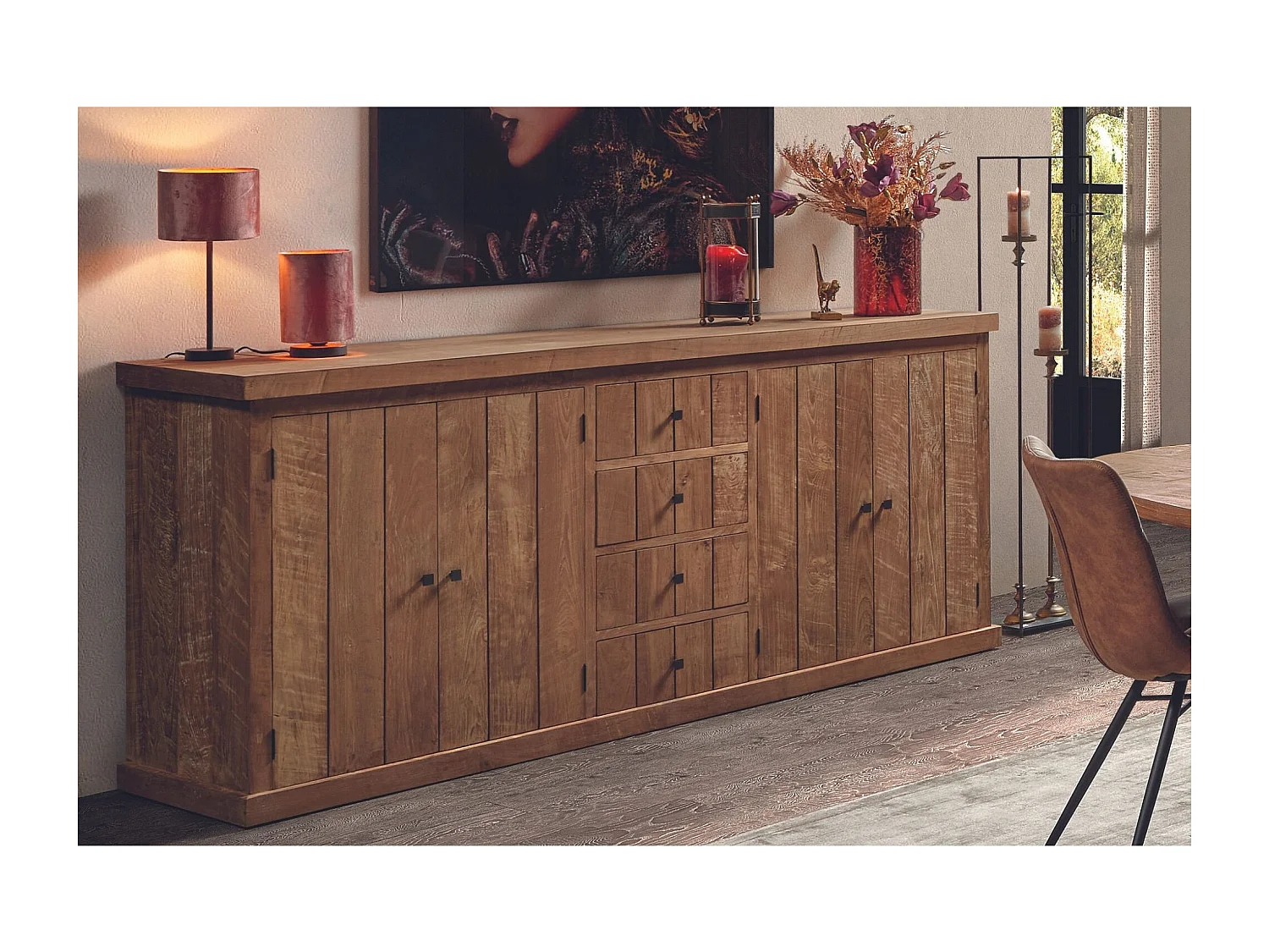 Buffet bas en bois massif recyclé 4 portes 4 tiroirs L 220 cm - LINAS