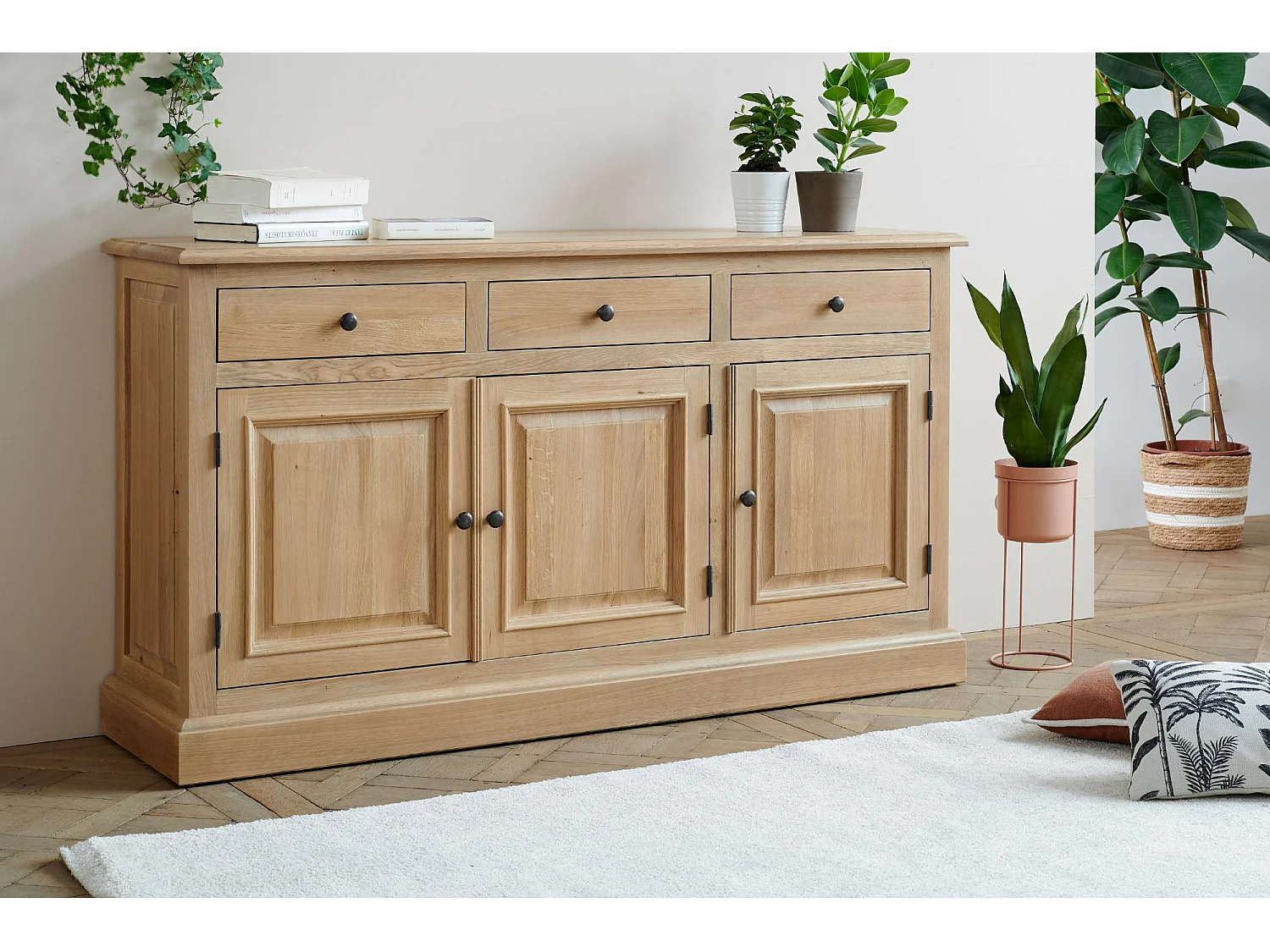 Buffet bas 3 portes 3 tiroirs en chêne massif naturel - VICTORIA