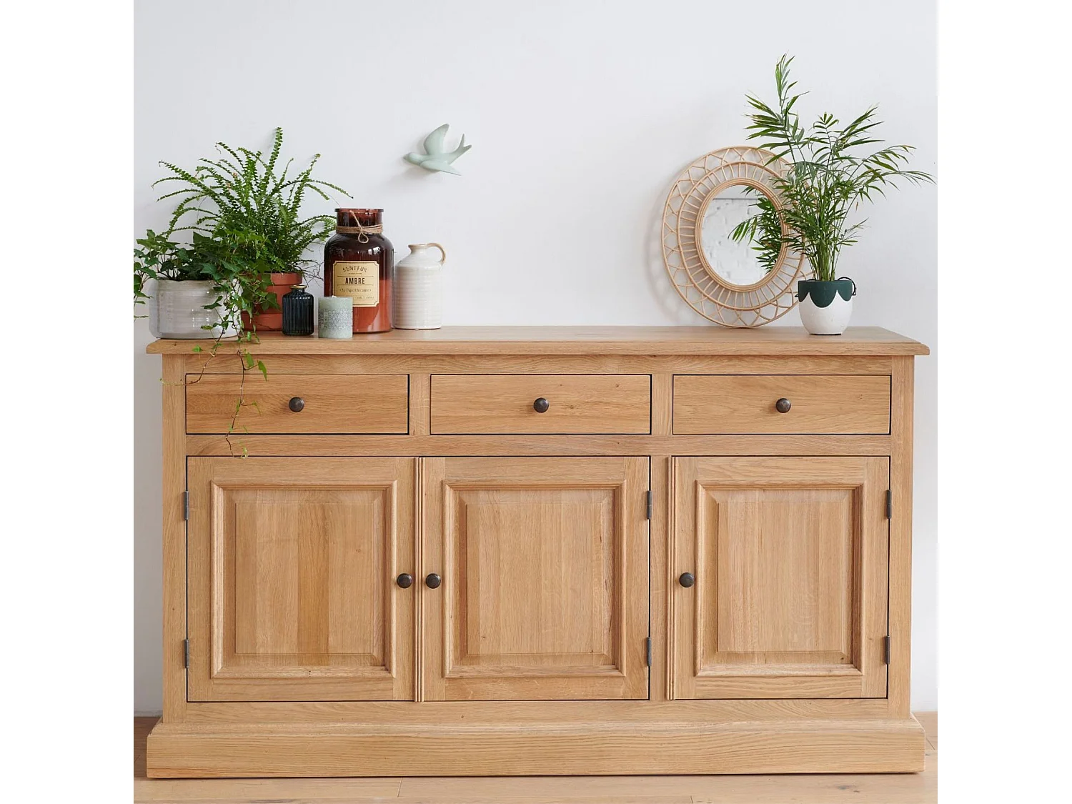 Buffet bas 3 portes 3 tiroirs en chêne massif naturel - VICTORIA