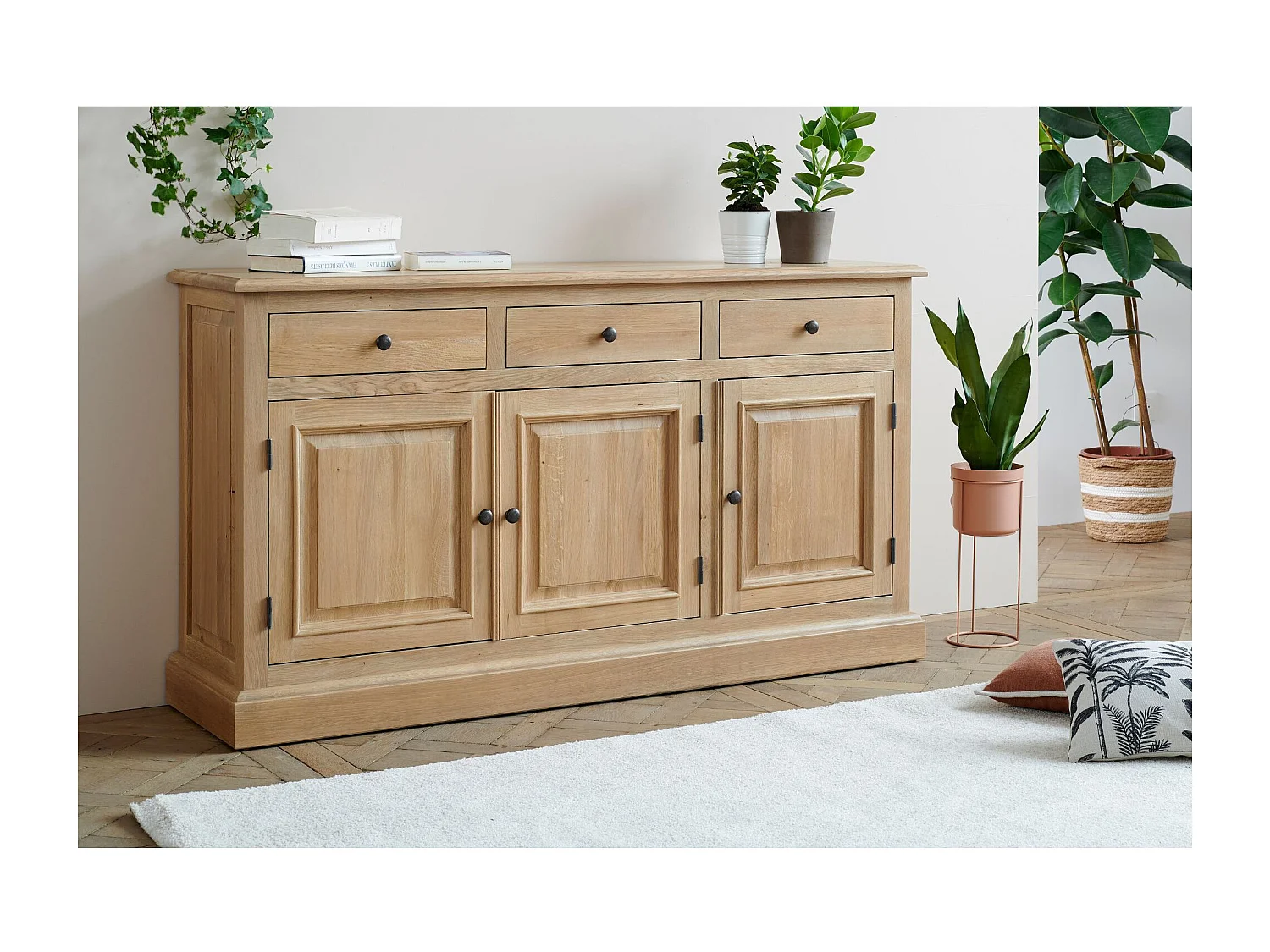 Buffet bas 3 portes 3 tiroirs en chêne massif naturel - VICTORIA
