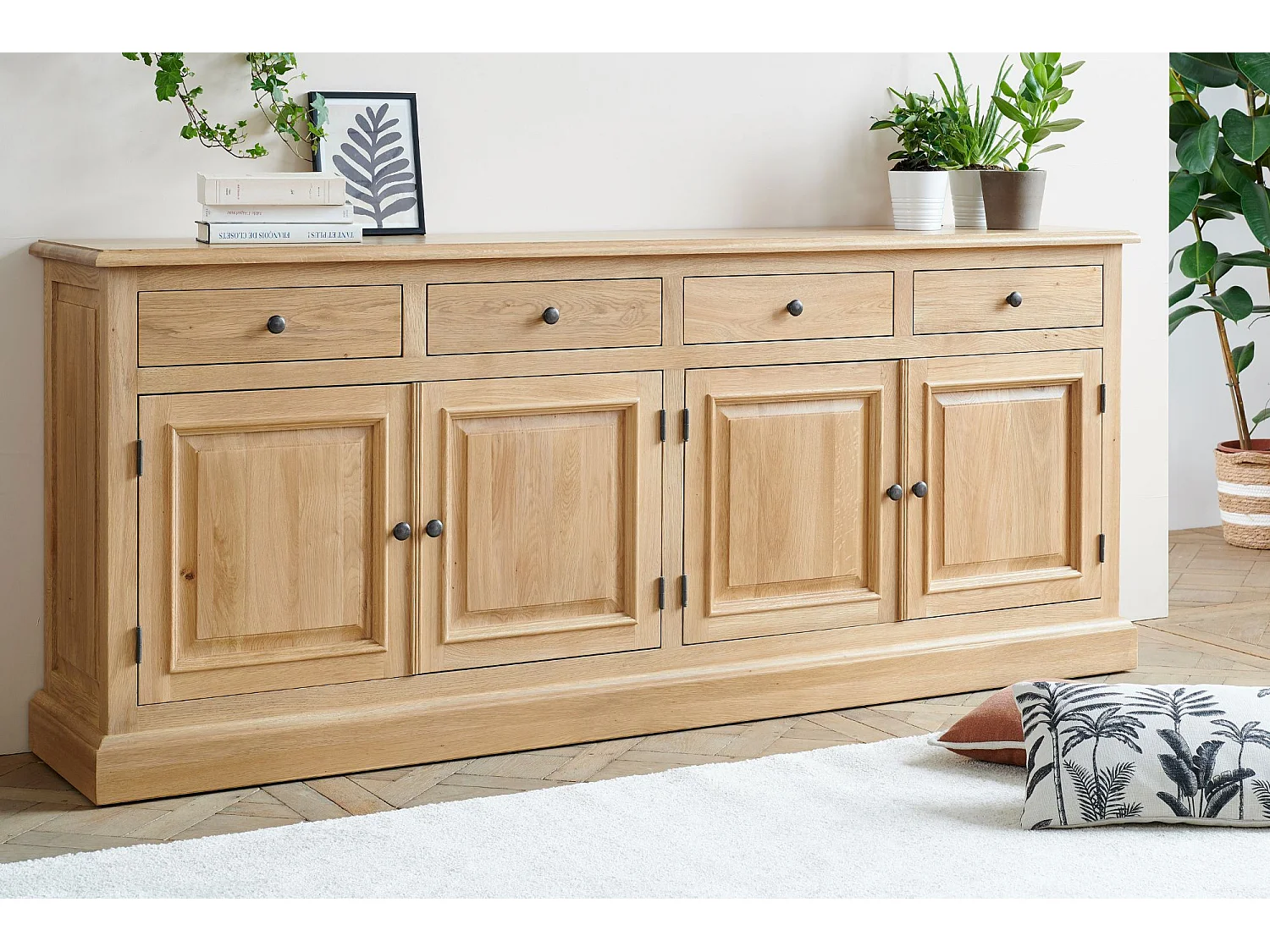 Buffet bas 4 portes 4 tiroirs en chêne massif naturel - VICTORIA