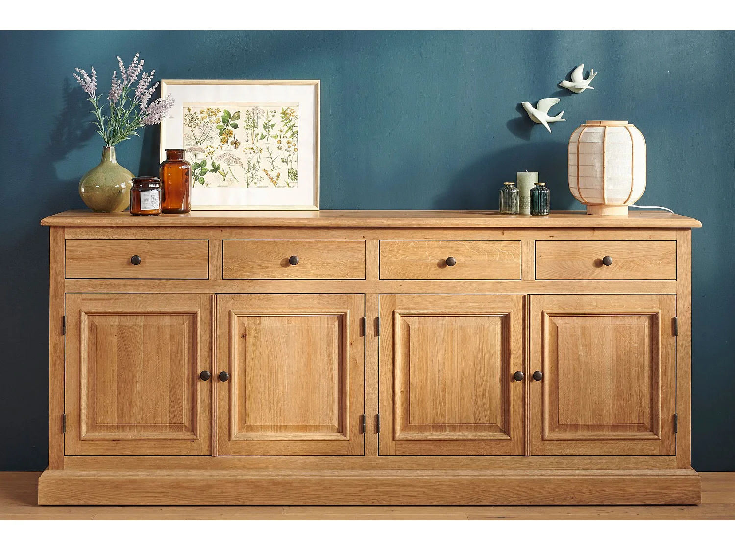 Buffet bas 4 portes 4 tiroirs en chêne massif naturel - VICTORIA