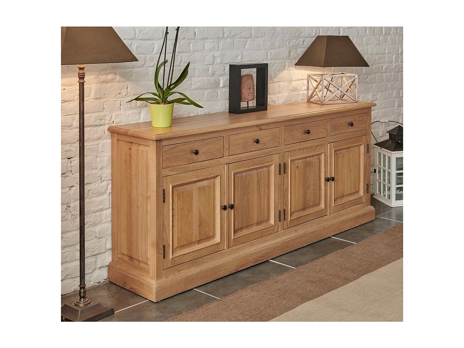 Buffet bas 4 portes 4 tiroirs en chêne massif naturel - VICTORIA