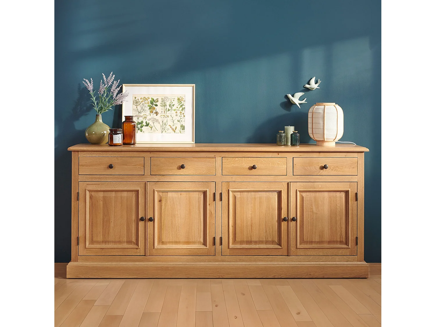 Buffet bas 4 portes 4 tiroirs en chêne massif naturel - VICTORIA