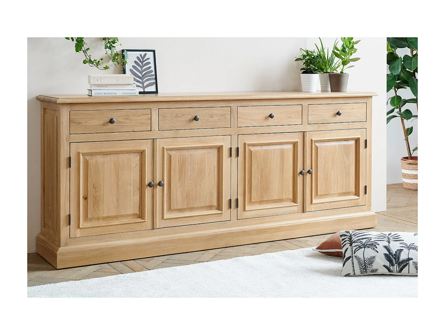 Buffet bas 4 portes 4 tiroirs en chêne massif naturel - VICTORIA