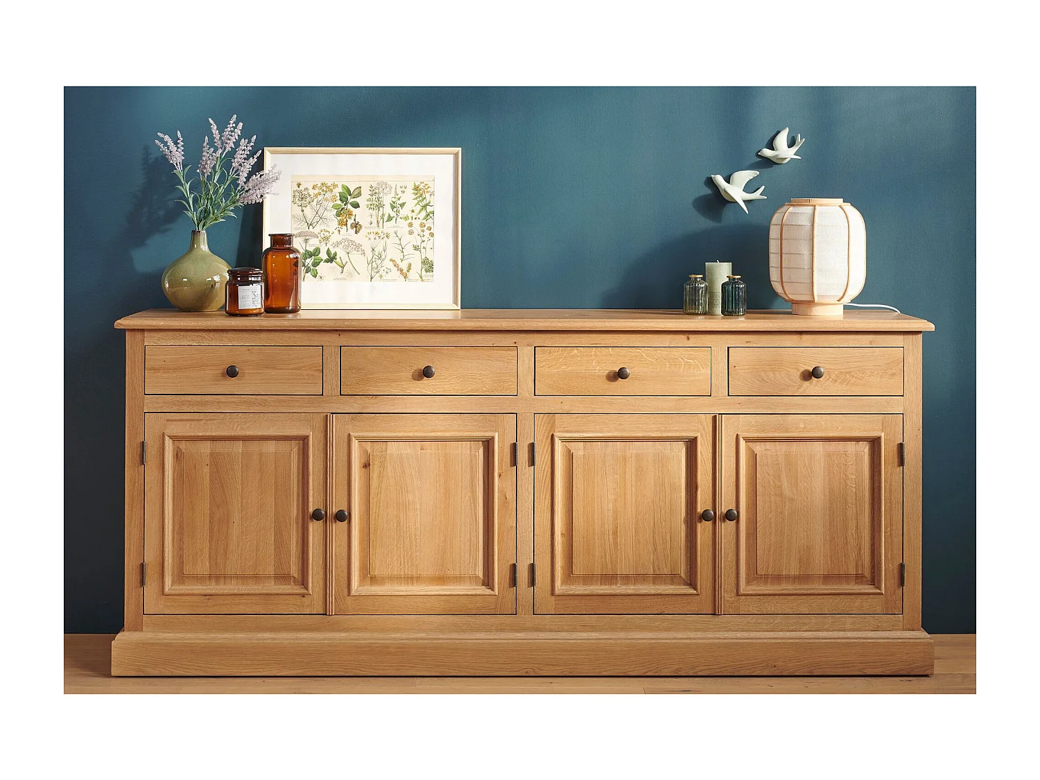 Buffet bas 4 portes 4 tiroirs en chêne massif naturel - VICTORIA