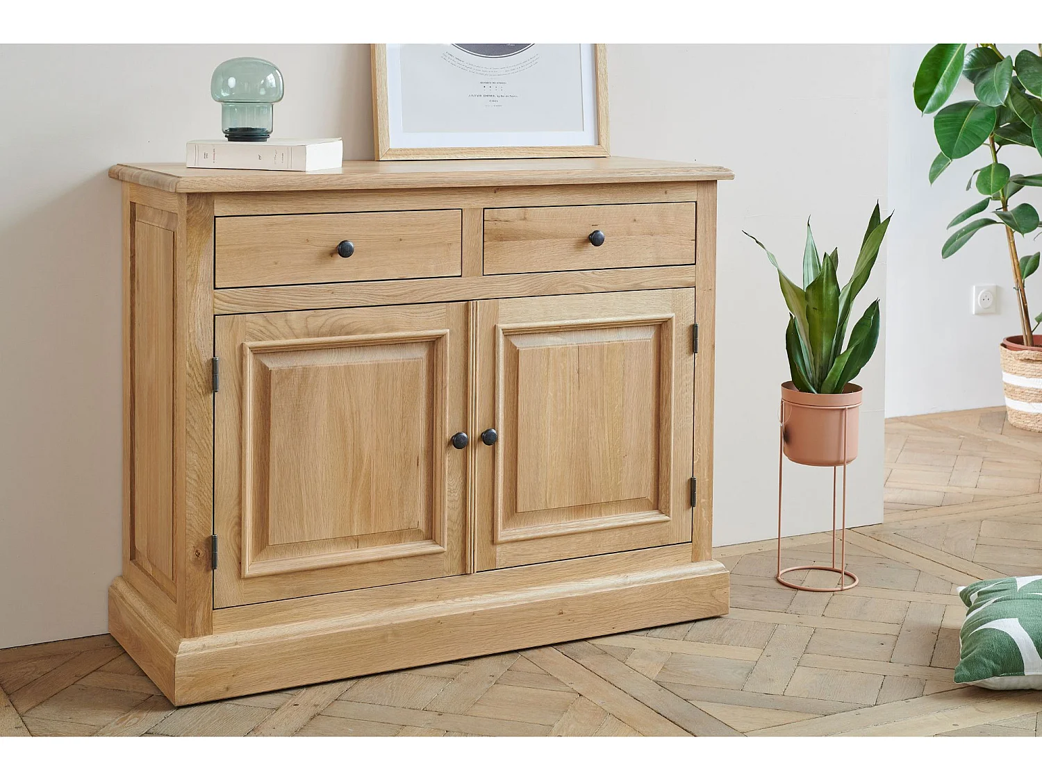Buffet bas parisien 2 portes 2 tiroirs en chêne massif naturel - VICTORIA