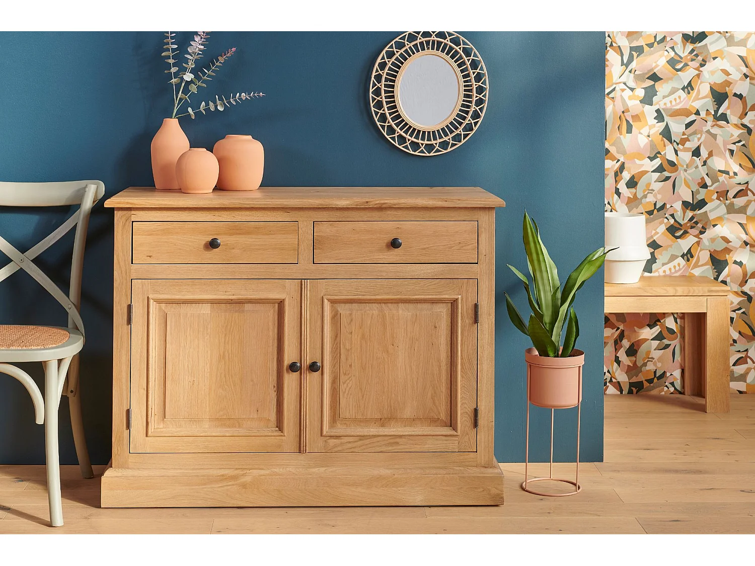 Buffet bas parisien 2 portes 2 tiroirs en chêne massif naturel - VICTORIA