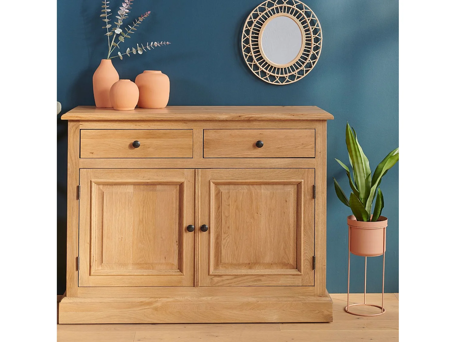 Buffet bas parisien 2 portes 2 tiroirs en chêne massif naturel - VICTORIA