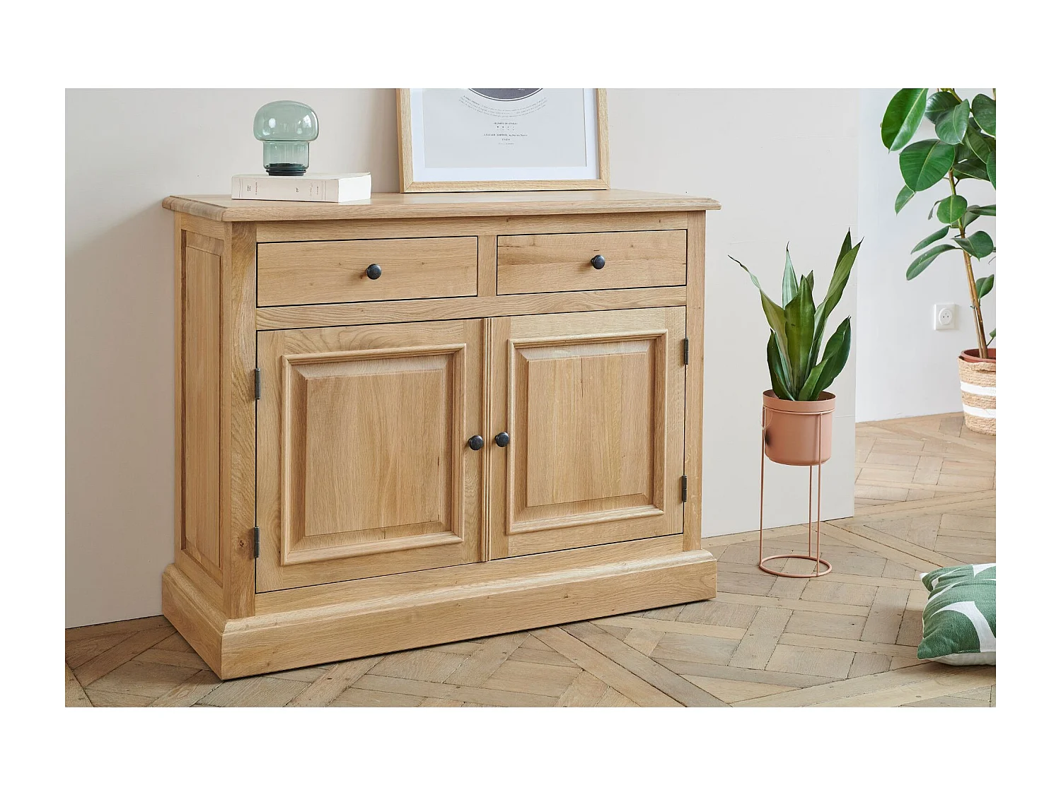 Buffet bas parisien 2 portes 2 tiroirs en chêne massif naturel - VICTORIA