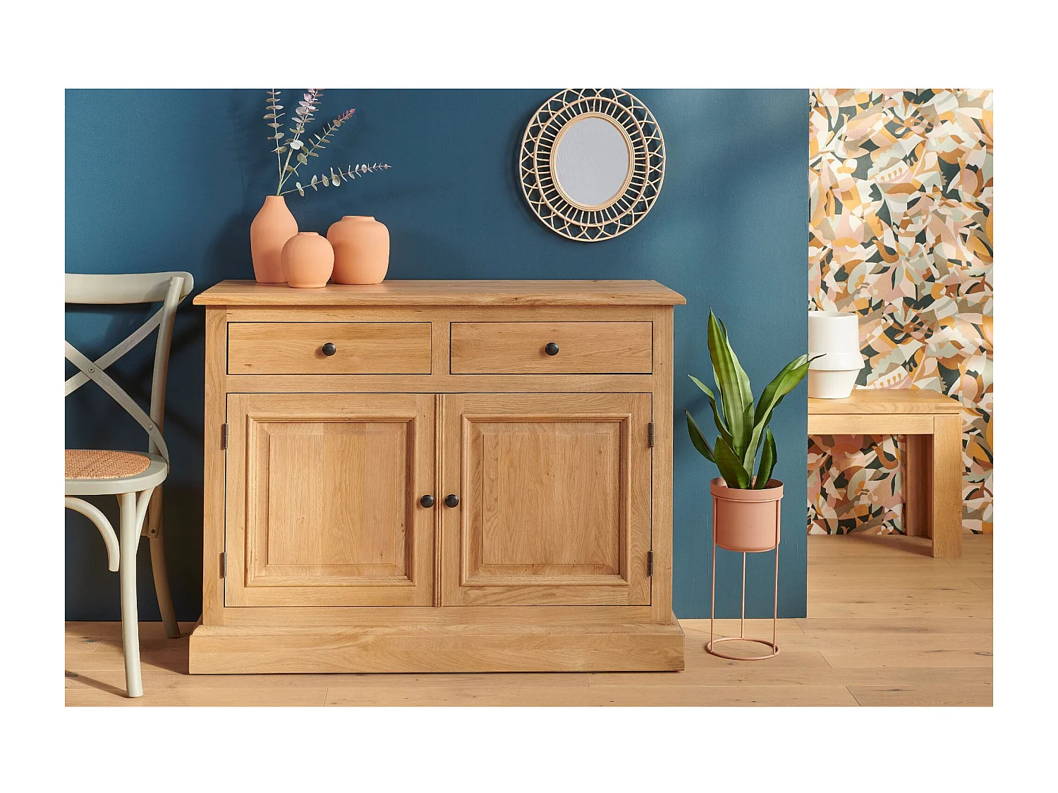 Buffet bas parisien 2 portes 2 tiroirs en chêne massif naturel - VICTORIA