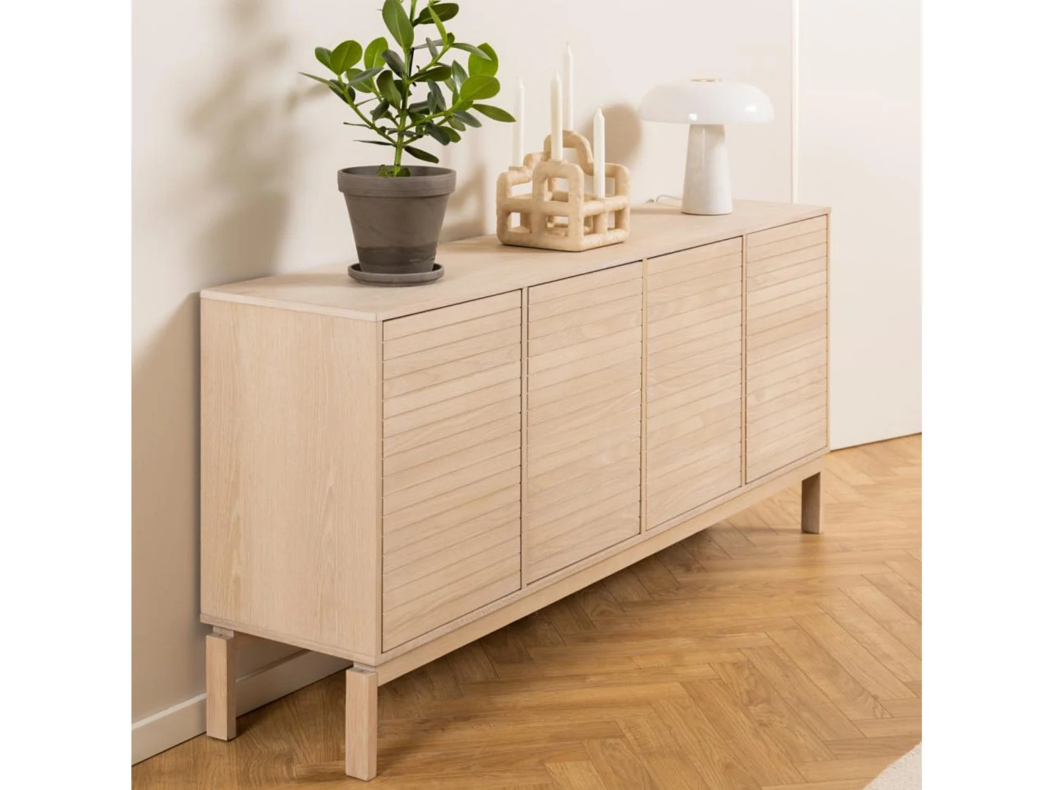 Buffet bas de salle à manger en chêne blanchi 4 portes L180 - LIAC