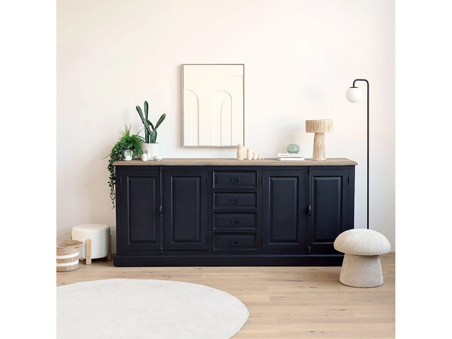 Buffet bas en bois noir 4 portes  4 tiroirs - DALILA