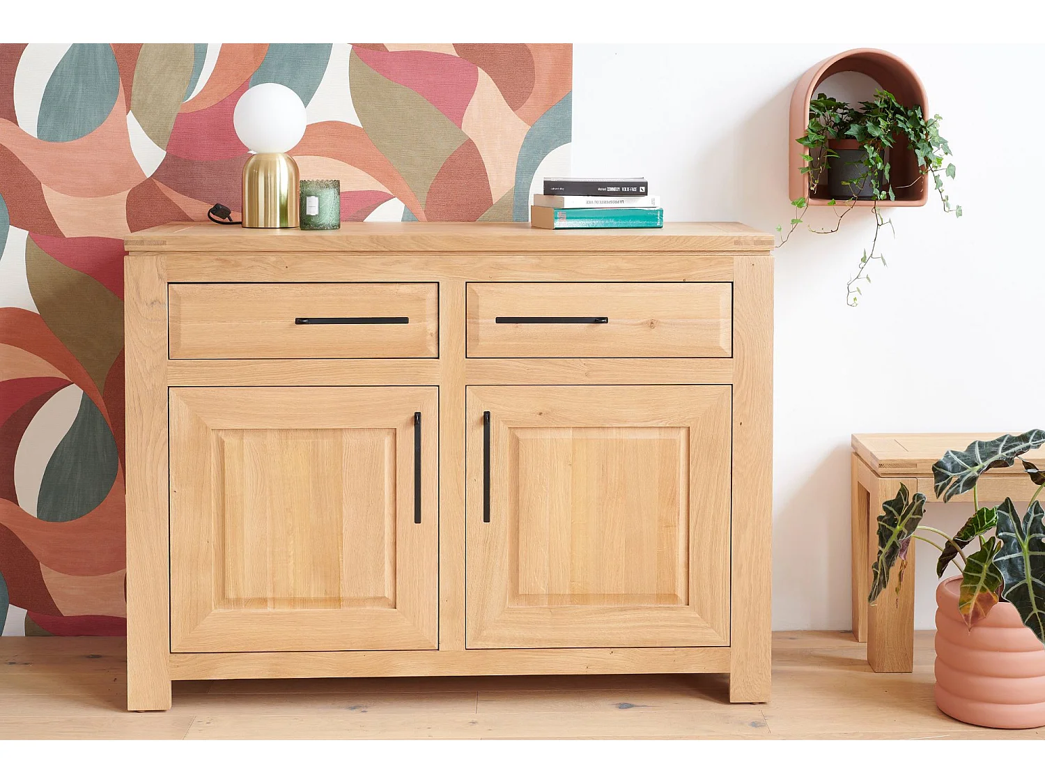 Buffet bas parisien moderne en chêne clair 2 portes 2 tiroirs - BOSTON