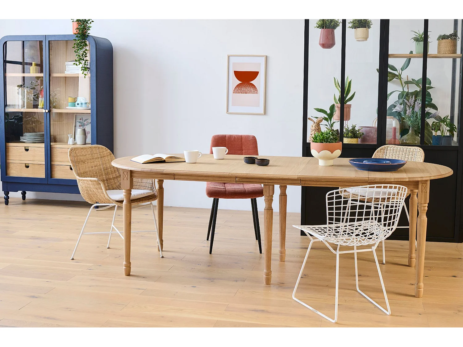 Table ronde 6 pieds tournés D115 + 3 rallonges bois - VICTORIA