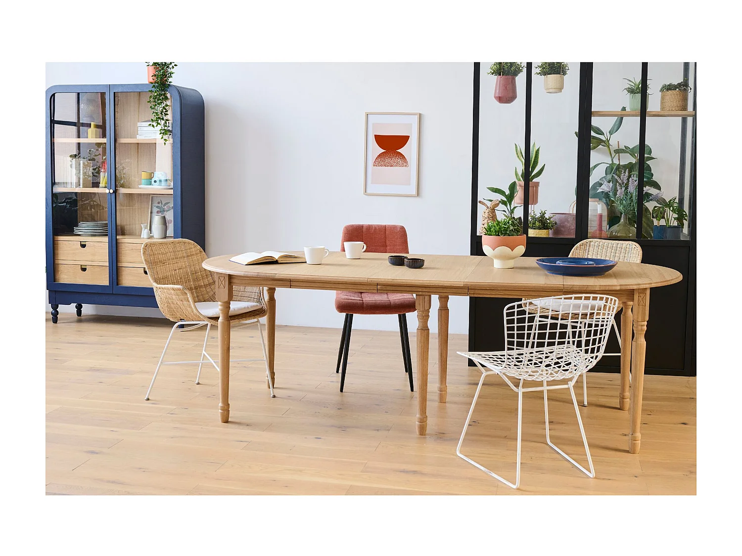 Table ronde 6 pieds tournés D115 + 3 rallonges bois - VICTORIA