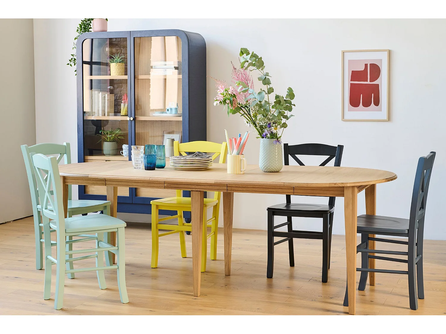 Table ronde 6 pieds fuseau D115 + 3 rallonges bois - VICTORIA