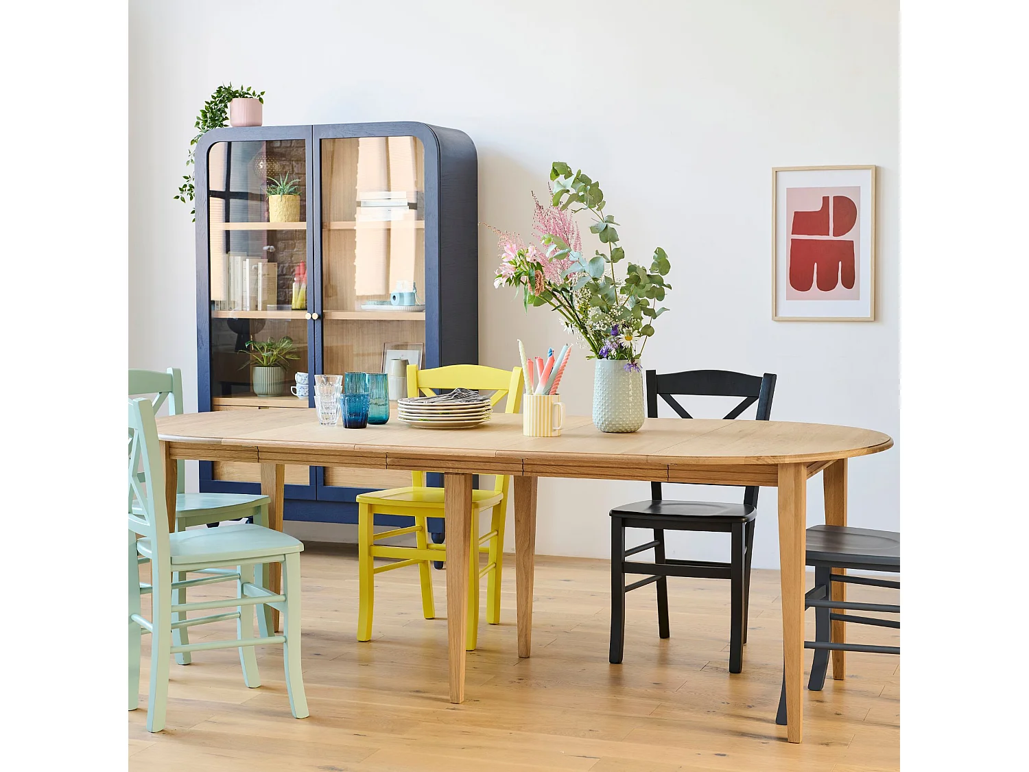 Table ronde 6 pieds fuseau D115 + 3 rallonges bois - VICTORIA