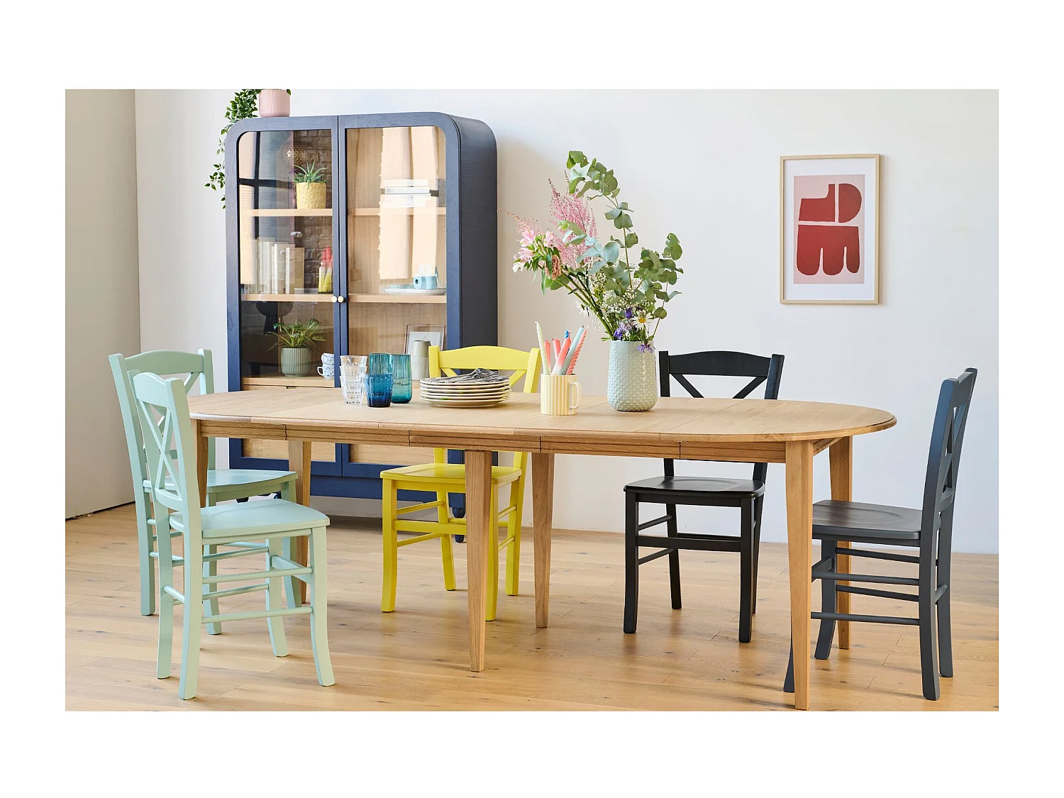 Table ronde 6 pieds fuseau D115 + 3 rallonges bois - VICTORIA