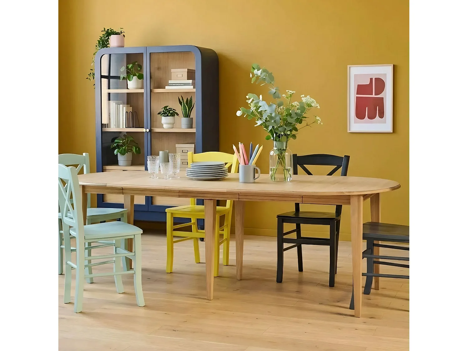 Table ronde 6 pieds fuseau D115 + 3 rallonges bois - VICTORIA